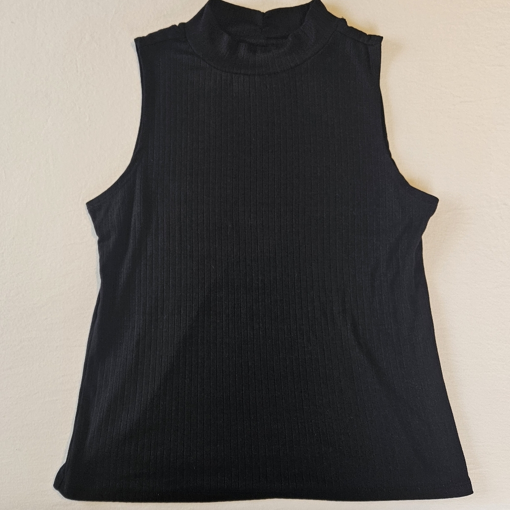 One Step Up Black Ribbed Mock Neck Sleeveless Tank